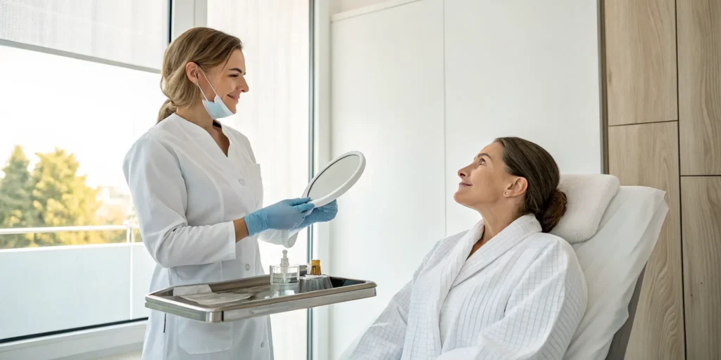 A qualified practitioner explains the safety of lip fillers to a patient during a clinic consultation.