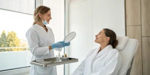 A qualified practitioner explains the safety of lip fillers to a patient during a clinic consultation.