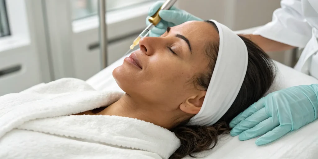 A woman's face during the vampire facial process with PRP and microneedling.