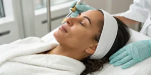 A woman's face during the vampire facial process with PRP and microneedling.