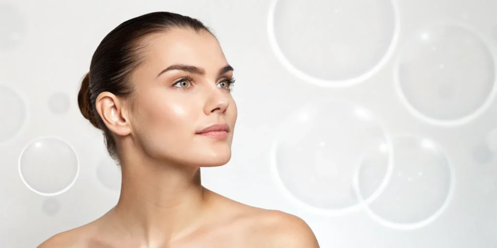 Woman with smooth, glowing skin showing the benefits of microneedling with PRP.