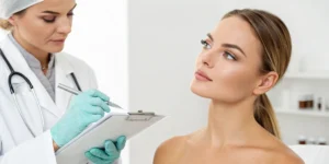 Woman asking a cosmetic doctor how much under eye filler costs.