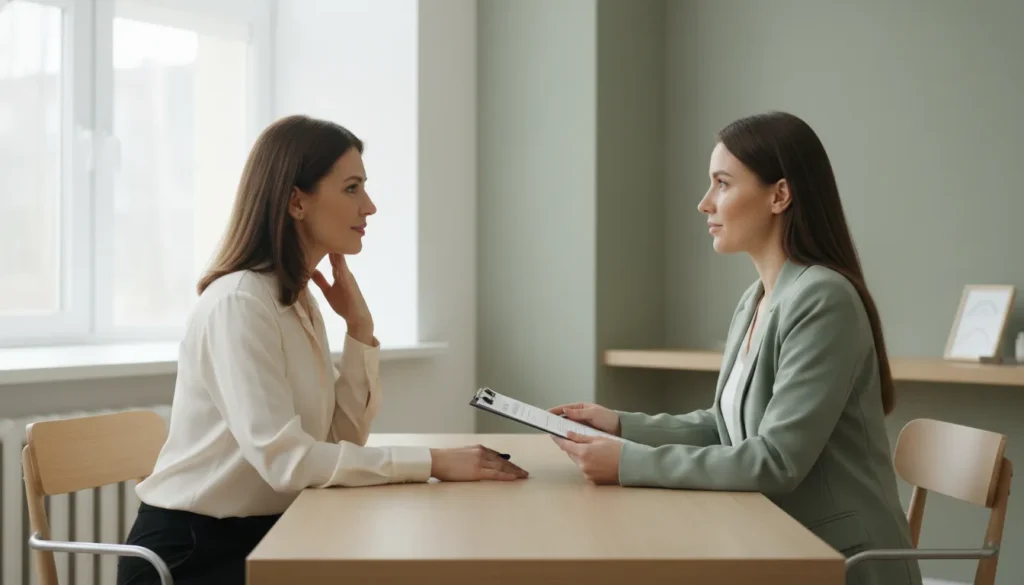 Adult client discussing Kybella near me treatment options in Richmond