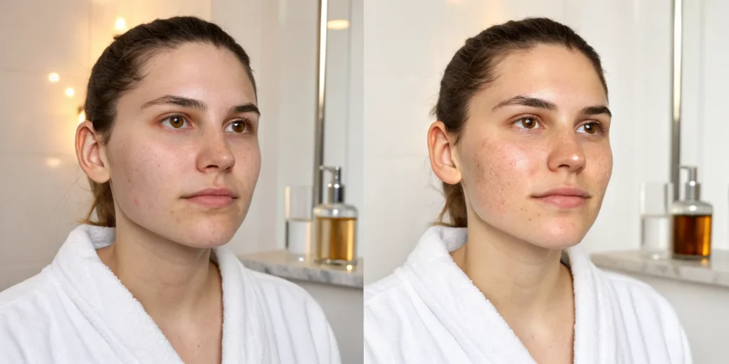 Before and after microneedling with PRP results showing smoother, clearer facial skin.