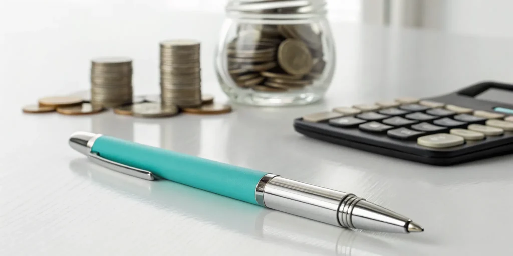 A pen, calculator, and coins used to budget for the Mounjaro injection cost.