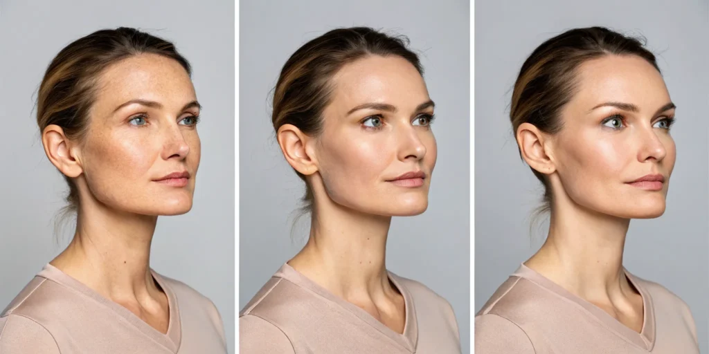 Sculptra before and after results on a woman's face, showing improved facial volume.