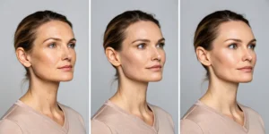 Sculptra before and after results on a woman's face, showing improved facial volume.