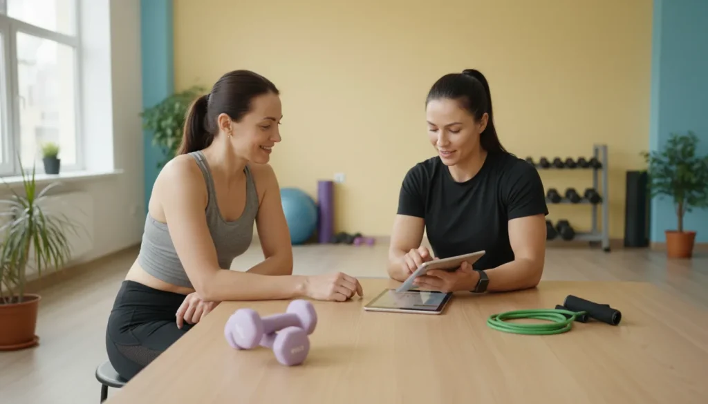 Client reviewing a personalized workout plan with a fitness coach