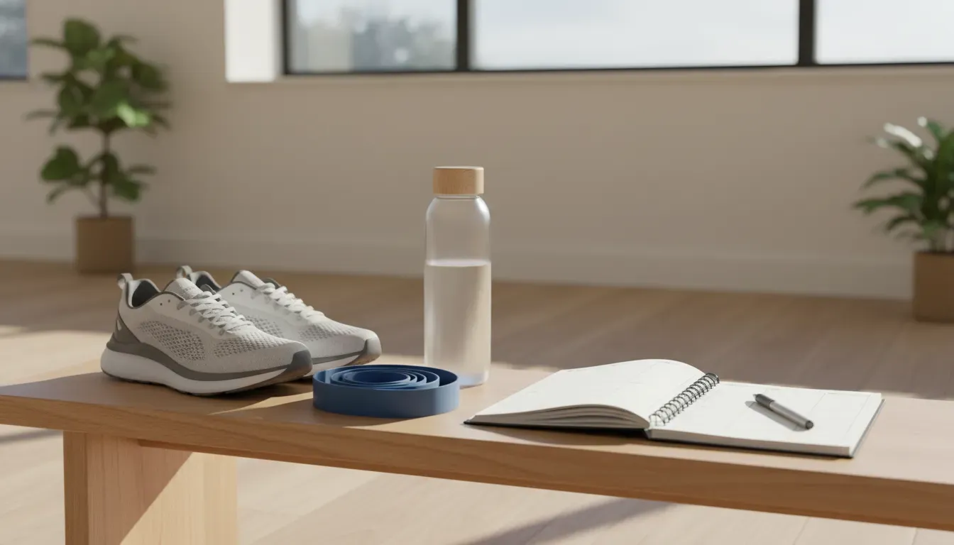 Notebook and fitness bands prepared for a Richmond holistic fitness routine