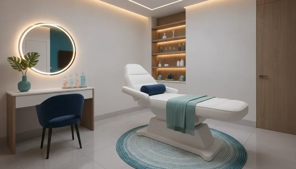 An elegant high-end medical spa treatment room with teal and deep blue branding accents, showing a luxurious treatment table