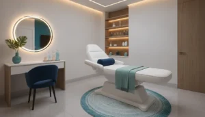 An elegant high-end medical spa treatment room with teal and deep blue branding accents, showing a luxurious treatment table