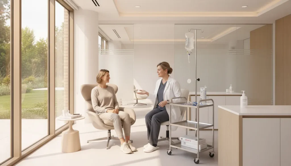 Patient discussing an IV wellness infusion with a clinician