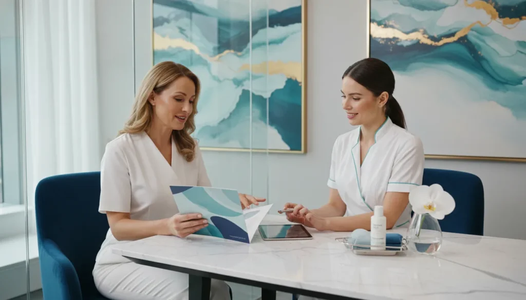 Client reviewing Botox aftercare guidance with a medical aesthetics clinician