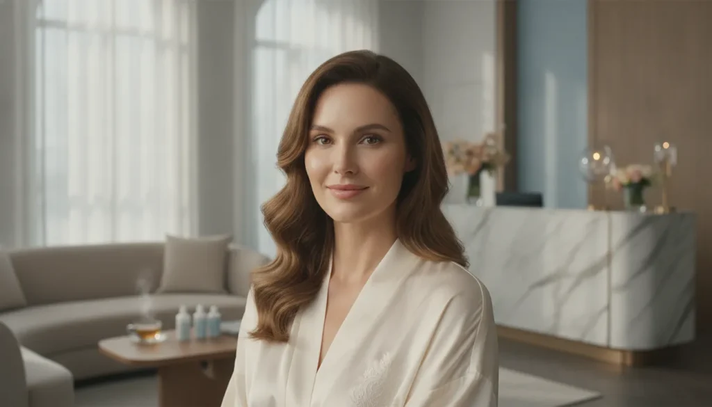 Woman with radiant glowing skin after a professional chemical peel treatment at a luxury med spa
