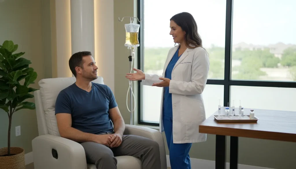 Provider discussing IV therapy vs IM injections Richmond TX