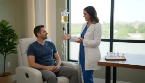 Provider discussing IV therapy vs IM injections Richmond TX