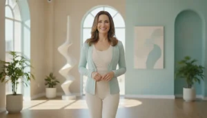 Woman in a bright modern wellness studio representing confidence and transformation on a medical weight loss journey in Richmond TX