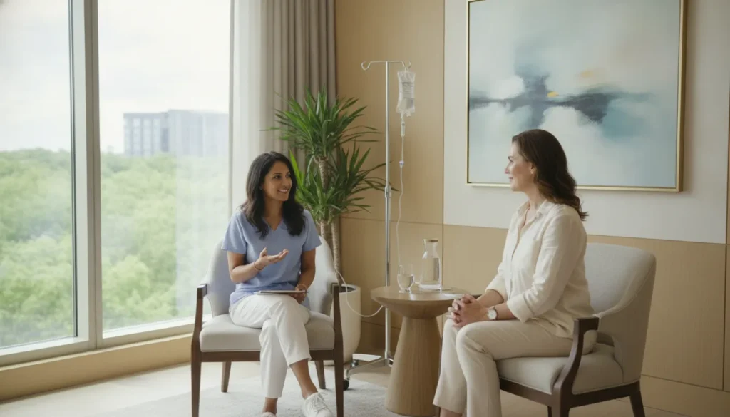 Patient discussing memory enhancement IV therapy with a qualified provider