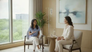 Patient discussing memory enhancement IV therapy with a qualified provider