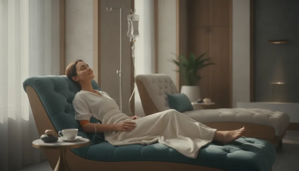 Woman relaxing in a lounge chair at a luxury med spa receiving an IV infusion in a serene setting