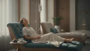 Woman relaxing in a lounge chair at a luxury med spa receiving an IV infusion in a serene setting
