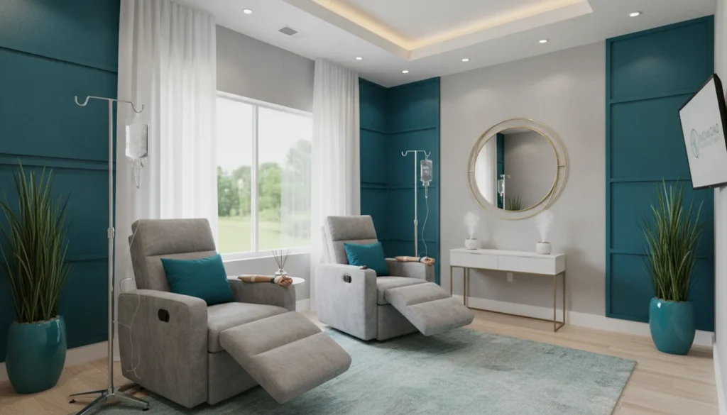 Luxury medical spa treatment room with IV therapy setup in Houston