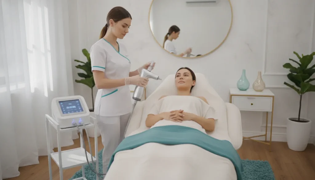 Aesthetic provider preparing microneedling equipment in a luxury medical spa treatment room with soft natural lighting