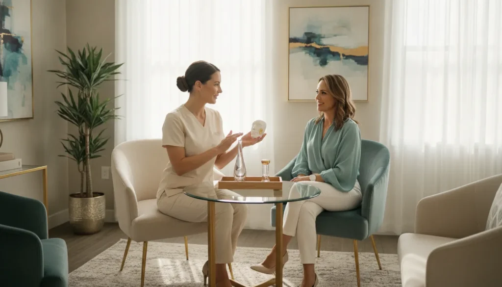 Aesthetic nurse practitioner consulting with a woman about collagen-stimulating biostimulator treatment options in a luxury medical spa