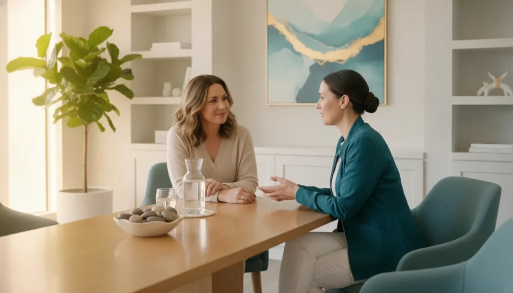 Woman consulting with a healthcare provider about weight management options in a modern medical spa setting