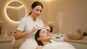 Esthetician performing dermaplaning on a relaxed client in a calm med-spa treatment room