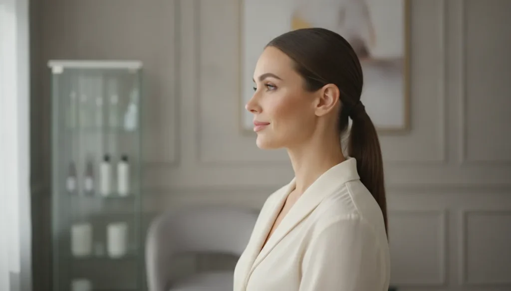 Profile view of a woman with a naturally defined jawline