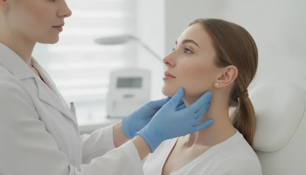 Provider guiding a woman's chin and jawline during a Kybella consultation in a bright aesthetic clinic