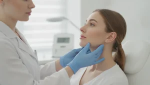 Provider guiding a woman's chin and jawline during a Kybella consultation in a bright aesthetic clinic