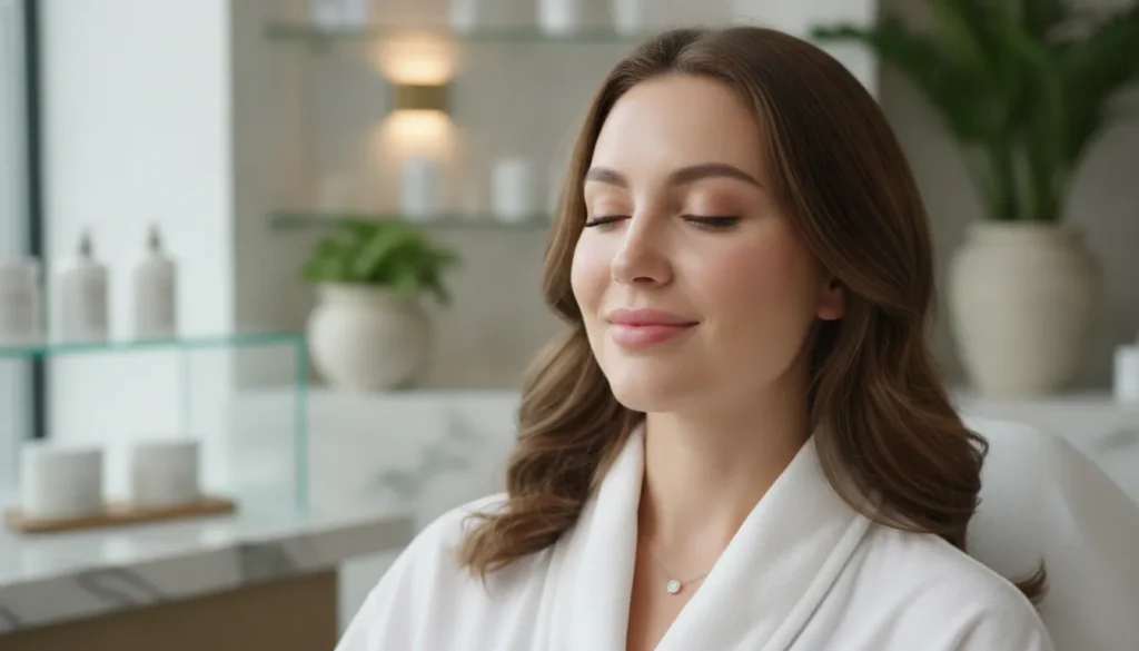 Woman with fresh, naturally glowing skin after a microneedling treatment at a luxury medical spa