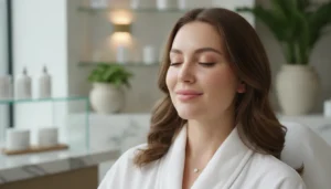 Woman with fresh, naturally glowing skin after a microneedling treatment at a luxury medical spa