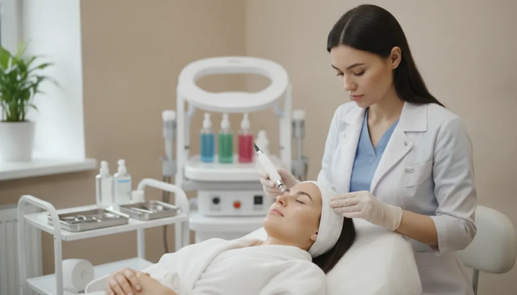 A skincare specialist preparing a microneedling treatment for a relaxed client in a bright clinic room