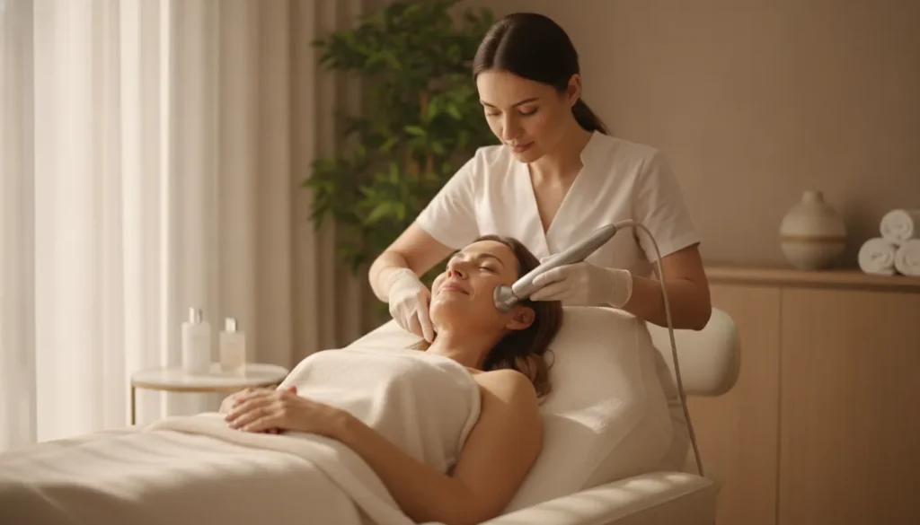 Woman receiving a gentle non-invasive facial rejuvenation treatment in a calm, modern med-spa room