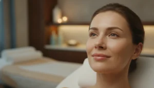 Woman with refreshed, smooth under-eye skin at a luxury medical spa consultation