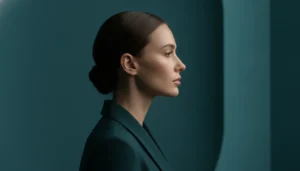 Adult with naturally defined jawline in a luxury clinical setting
