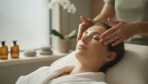 Woman with radiant glowing skin relaxing in a luxury medical spa treatment room