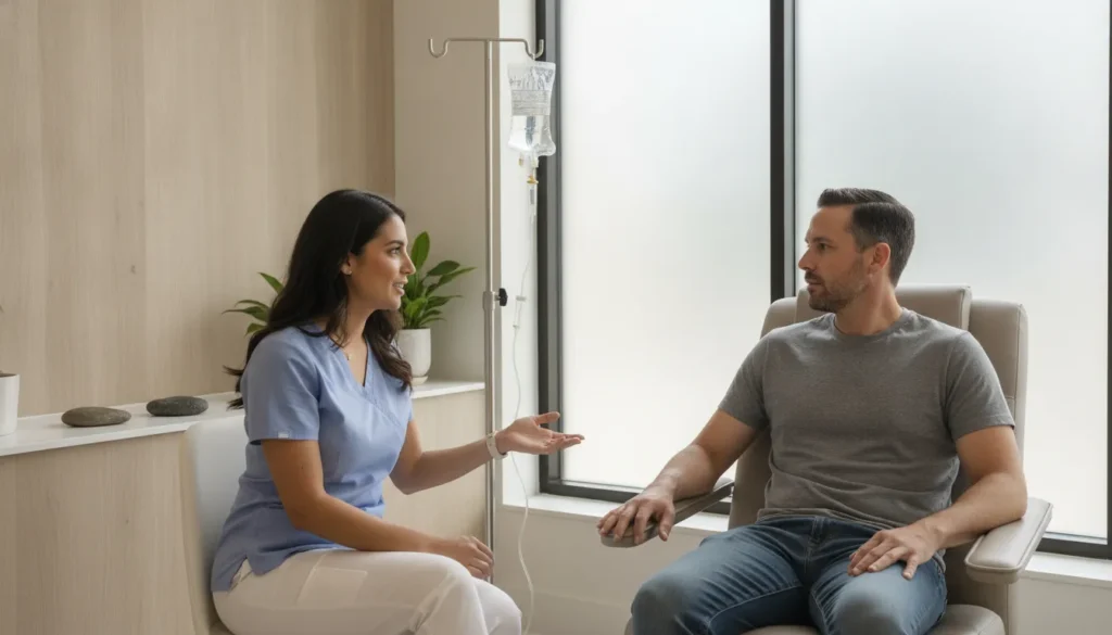 Clinician discussing an IV therapy visit with a patient