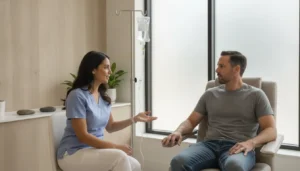 Clinician discussing an IV therapy visit with a patient