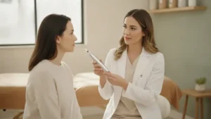 Clinician explaining a derma pen microneedling device during a skin consultation