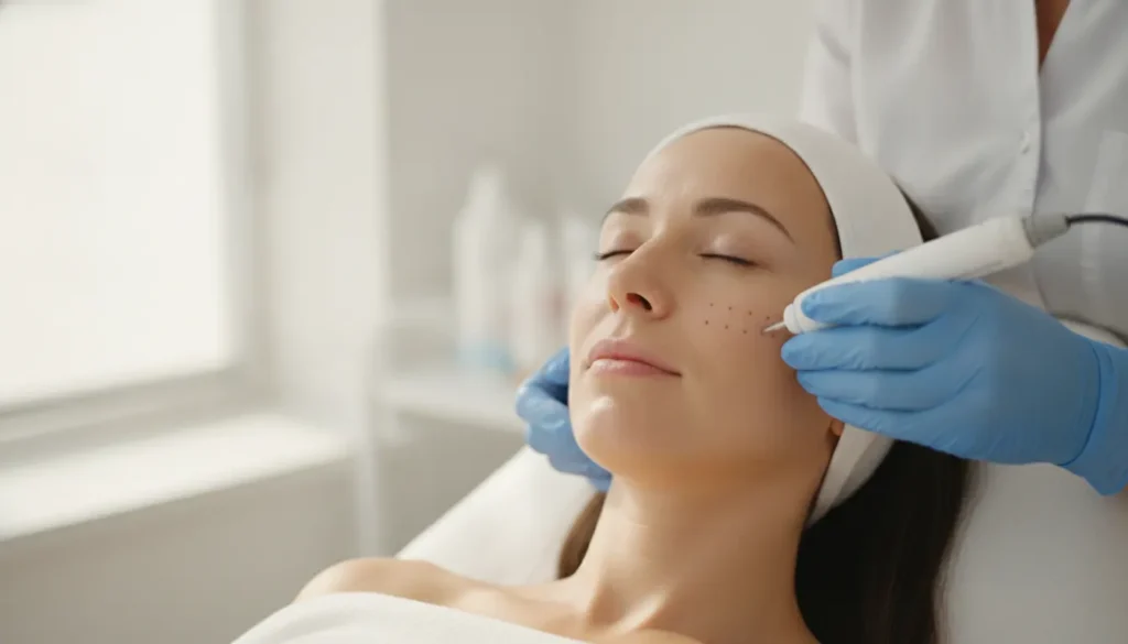 Professional microneedling treatment for a calm client