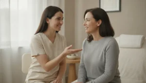 Skincare professional discussing a personalized microneedling plan with a patient
