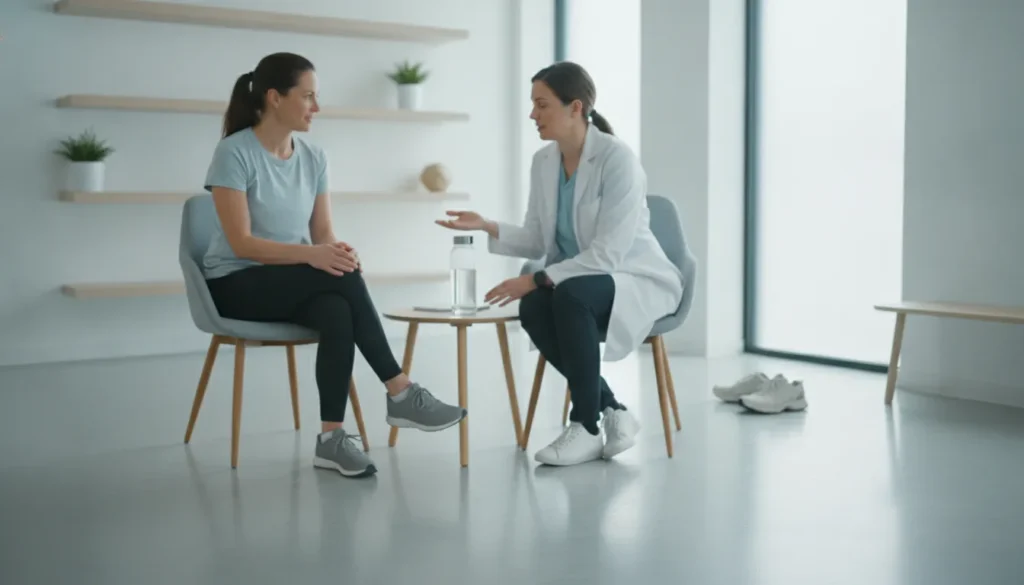 Runner discussing hydration and recovery with a healthcare provider