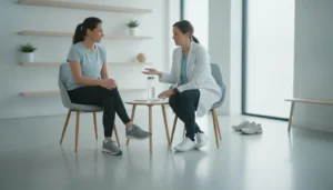 Runner discussing hydration and recovery with a healthcare provider