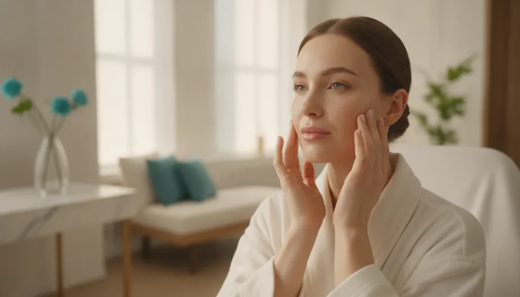 Woman gently caring for her skin during microneedling aftercare