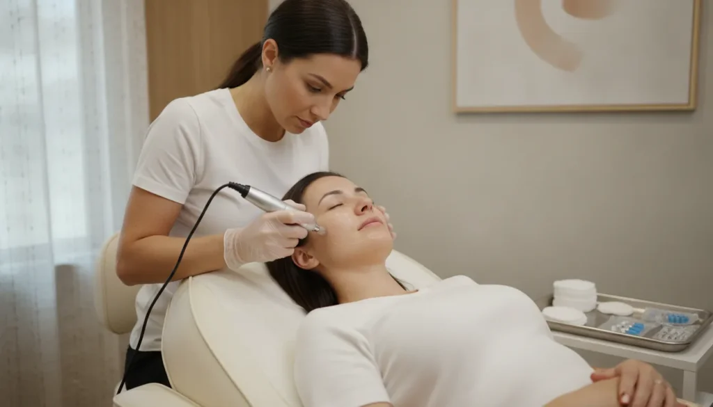Clinician performing professional microneedling for wrinkles on a client's cheek