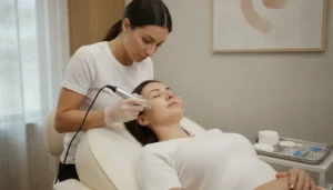 Clinician performing professional microneedling for wrinkles on a client's cheek